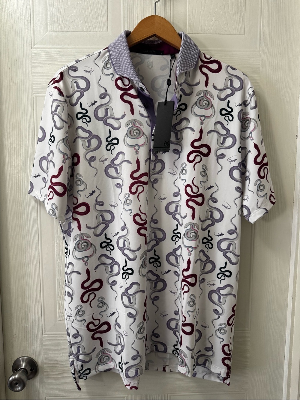 Greyson White Polo with Burgundy & Light Gray Snake Print